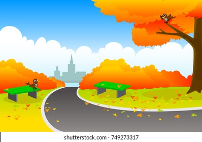 Autumn Park. Autumn empty outdoor Park with benches. Vector illustration.