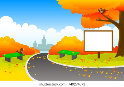 Autumn Park. Autumn empty outdoor Park with benches. Vector illustration.