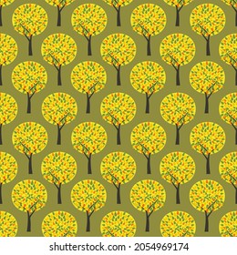 Autumn park Fall trees vector seamless pattern. Fall season woodland decorative background illustration. Autumn forest colorful trees pattern wallpaper. Seasonal holidays cartoon design element
