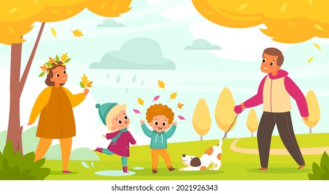 Autumn park family. Parents with children walk with dog outdoor activity, people and pet, mom and dad, son and daughter walking among yellow trees with falling orange leaves vector concept