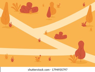 Ilustración vectorial de color plano del parque de otoño. Caer en la naturaleza. Zona de recreo pública con arbustos y senderos naranjas. Medio ambiente. Caminos de otoño paisaje de dibujos animados 2D con árboles en el fondo