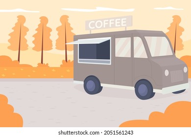 Autumn park flat color vector illustration. Coffee truck with espresso delivery. Van in public selling hot beverage. Urban recreation. Autumnal 2D cartoon landscape with no one on background