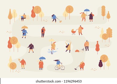 Autumn park Flat Vector illustration. People in warm clothes having fun outdoors in urban park - Riding bicycle, walking with dog,sitting on bench.