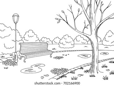 Autumn Park Graphic Black White Landscape Sketch Illustration Vector