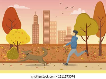 Autumn park and guy running with dog on leash in morning. Man jogging, pet walking at dawn, city skyscrapers, fall leaves on trees vector illustration