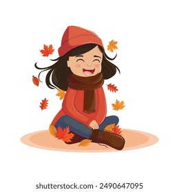 In the autumn park, a happy girl is sitting in the autumn foliage. Vector illustration. Sticker template, postcards, business cards, covers.