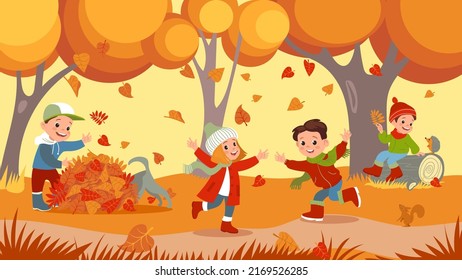 Autumn park kids. Children outdoor activity. Boys and girls play with falling leaves. Little people in warm clothes. Forest animals and pets. October defoliation