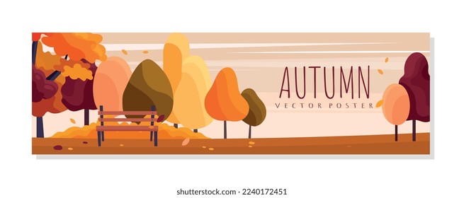 Autumn park landscape. Bench against background of trees with yellow and orange leaves. Graphic element for website. Fall season and cold weather, nature and outdoor. Cartoon flat vector illustration