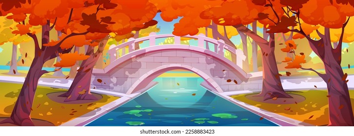 Autumn park landscape with bridge over pond, grass and trees with orange foliage. Forest or garden with stone bridge and river or canal in fall, vector cartoon illustration