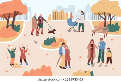 Autumn Park. Landscape. Couple hugging walking with coffee. Children throw leaves, old man and woman walking with a dog, family feeding birds. Fall. Scenery, set. Season. Fun outdoors, activity. 