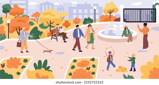Autumn park. Landscape. Couple walking with coffee. Children throw leaves,old man reads newspaper, woman walking with a dog, girls taking pictures. Fall. Scenery, set. Season. Fun outdoors, activity, 