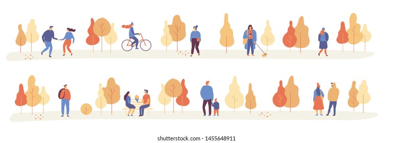 Autumn park landscape. Different People in warm clothes having fun outdoors in urban park. Colorful Autumn park flat vector illustration. Autumn park with people horizontal banners.  - Shutterstock ID 1455648911