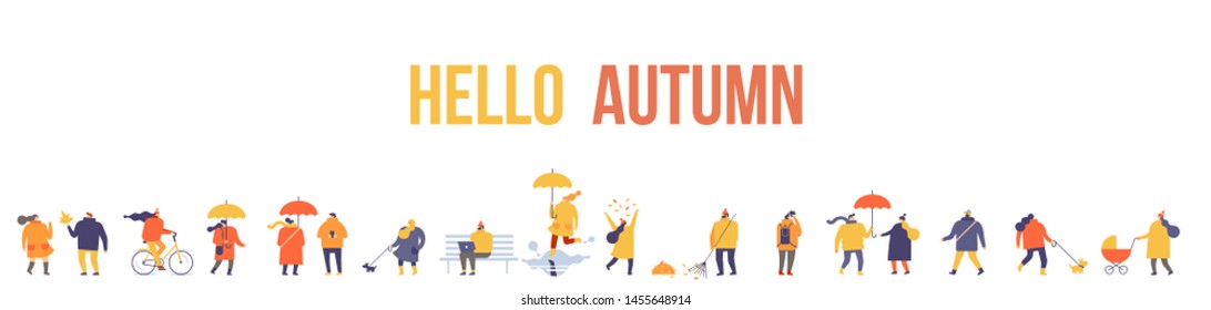 Autumn park landscape. Different People in warm clothes having fun outdoors in urban park. Colorful Autumn park flat vector illustration. Autumn park with people horizontal banners. 