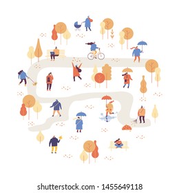 Autumn park landscape. Different People in warm clothes having fun outdoors in urban park. Colorful Autumn park flat vector illustration. Autumn park with people illustration. 
