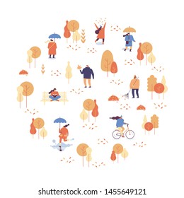 Autumn park landscape. Different People in warm clothes having fun outdoors in urban park. Colorful Autumn park flat vector illustration. Autumn park with people illustration. 