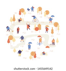 Autumn park landscape. Different People in warm clothes having fun outdoors in urban park. Colorful Autumn park flat vector illustration. Autumn park with people illustration. 