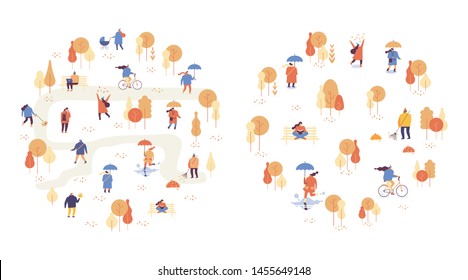 Autumn park landscape. Different People in warm clothes having fun outdoors in urban park. Colorful Autumn park flat vector illustration. Autumn park with people illustration. 