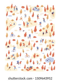Autumn Park landscape. Various people at autumn park background. Leisure outdoor activities - walking dog, playing with ball, jogging, reading, picnic. Cartoon style flat vector illustration.