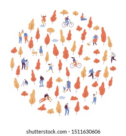 Autumn Park landscape. Various people at autumn park background. Leisure outdoor activities - walking dog, playing with ball, jogging, reading, picnic. Cartoon style flat vector illustration.