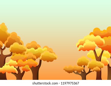Autumn park landscape. Vector yellow trees on a blue background. Flat design illustration, color space.