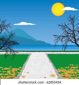 Autumn park lanes near seaside with mountains, sun and fallen leaves