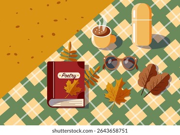 Autumn park leisure time, flat illustration: a blanket, autumn leaves, thermos and hot drink, book and reading glasses. Cozy atmosphere of relaxation, tranquility, and hygge. For backgrounds, banners