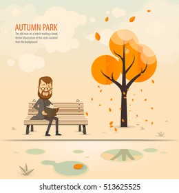 Autumn Park, an man on a bench reading a book. Vector illustration in flat style isolated from the background