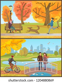 Autumn park, man running with dog near woman talking by phone on bench. Guy in helmet riding bicycle, couple on bridge over pond vector illustrations.