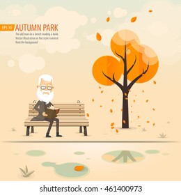 Autumn Park, an old man on a bench reading a book. Vector illustration in flat style isolated from the background