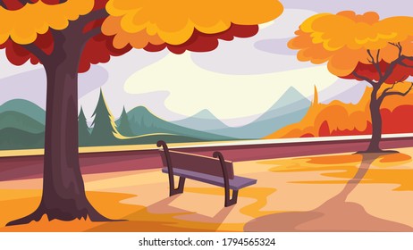 Autumn park on background of forest and mountains. Beautiful nature scenery.