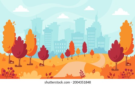 Autumn park on city background. Autumn landscape. Vector illustration