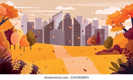 Autumn park on city. Graphic element for website, lot of things and road. Red and orange leaves falling, path. Poster or banner, cover. Panoramic outdoor landscape. Cartoon flat vector illustration
