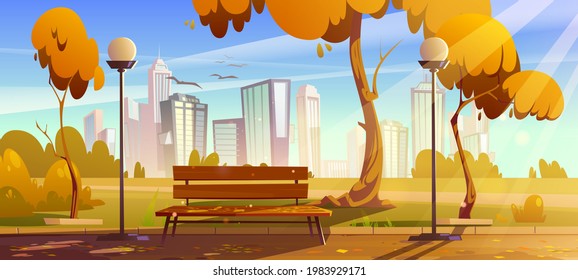 Autumn park with orange trees, wooden bench, lanterns and town buildings on skyline. Vector cartoon landscape with empty public garden, city, birds and sun beams