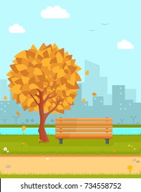 autumn park. outdoor illustration with wooden bench and tree with yellow leaf fall