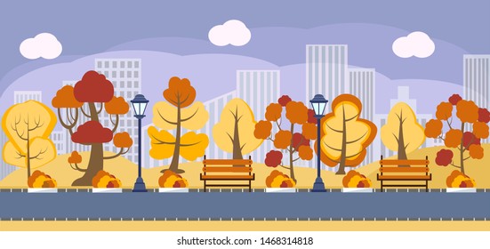 Autumn park panorama vector background, banner. Autumnal city, public garden, square, acreage, plaza with yellow and red trees, and outdoor benches. Empty street tree path, road, landscape in october.