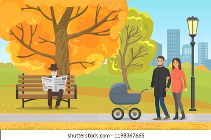 Autumn Park, Parents Walking With Pram And Elderly Man In Hat Reading Newspaper On Bench. Fall Leaves, Streetlight Along Walkway Vector Illustration.