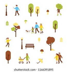 Autumn park pattern with characters. Flat minimal style vector illustration isolated on white background.