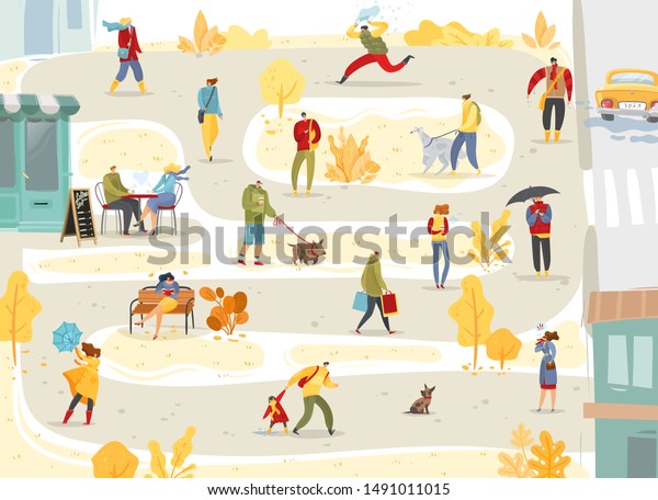 Autumn Park people group illustration\
with  strolling men and women dog walking.\
Vector