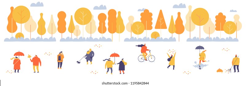 Autumn park with people horizontal banner. People in warm clothes having fun outdoors in urban park. Flat Vector illustration.