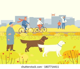 Autumn park with people resting. Dad is watching Child playing drone. Dog handler walks Labradors. Grandma rides a bicycle with her grandson. Flat vector illustration.