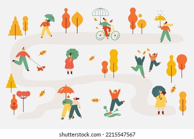 Autumn park. People silhouette with umbrellas flat vector illustration
