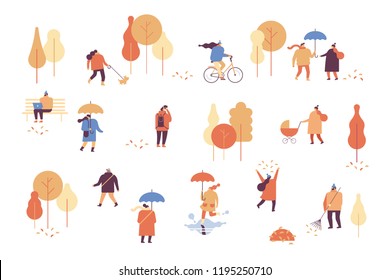 Autumn park with people. People in warm clothes relaxing outdoors in urban park - Riding bicycle, sitting on bench, having fun. Flat Vector illustration.