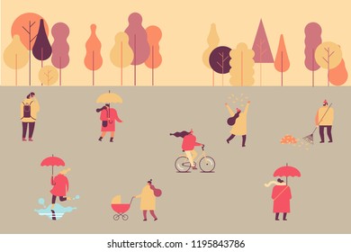 Autumn park with people. People in warm clothes having fun outdoors in urban park - Riding bicycle, sitting on bench. Flat Vector illustration.