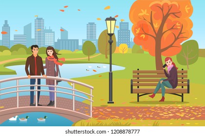 Autumn park with pond, couple crossing bridge and woman on bench talking by phone. Streetlight among flying fall leaves or trees vector illustration.