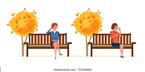 Autumn park of rest, entertainment. Autumn city park with seasonal leaves. Girls resting in park on bench, communicates by phone, drinks hot coffee, on background city buildings. Vector illustration.
