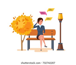 Autumn park of rest, entertainment, walking park. Autumn city park with seasonal leaves. Girl resting in park on bench, communicates by phone, through messenger, social networks. Vector illustration.