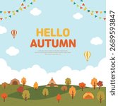 An autumn park scene featuring hot air balloons, flags of all nations, and a camping tent amidst autumn trees. An illustration perfect for seasonal events, travel, camping, and outdoor activities.