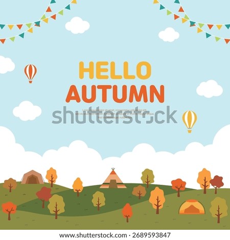 An autumn park scene featuring hot air balloons, flags of all nations, and a camping tent amidst autumn trees. An illustration perfect for seasonal events, travel, camping, and outdoor activities.