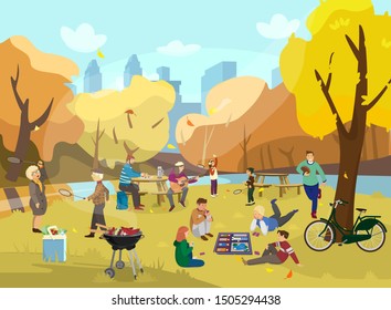 Autumn Park Scene With Lots Of People. Kids Playing Board Game, Elder People Playing Badminton,couple Having Picnic, Woman Playing The Guitar, Boy Playing Rugby. Grill With Sausages, Cooler Bag.Vector