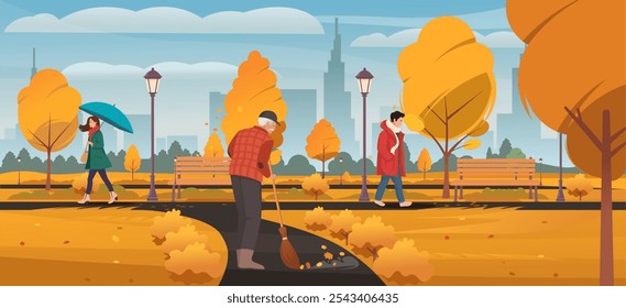 Escena del parque del otoño con Personas caminando y rastrillando hojas. Ilustración vectorial